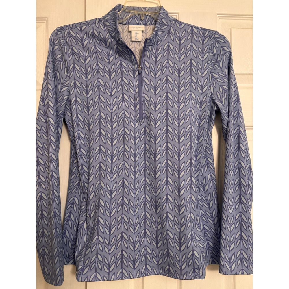 Sigrid Olsen Golf & Tennis Womens Medium 1/4 Zip Pullover Blue Leaf Print Top